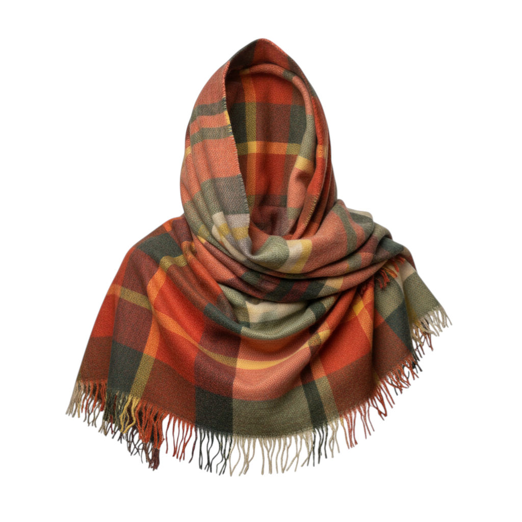 Bright Orange Green Tartan Wool Scarf